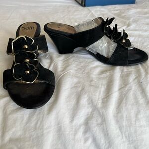 Sofft Black Wedge Sandals with Floral Design